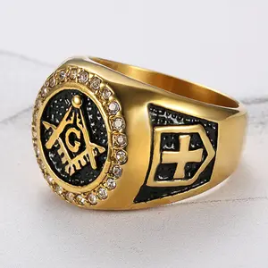 Men's Retro Hip-hop Stainless Steel AG Letter Cross Logo Ring, Sparkling Zircon & Artificial Crystal Inlay, Vintage Fashion Jewelry Accessories, Statement Rings, Logo Ring Rings