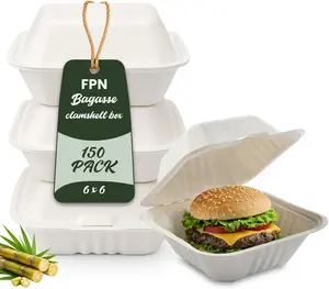 FPN Compostable Clamshell Takeout Boxes – Heavy-Duty To Go Containers | Biodegradable Disposable Lunch Boxes, Microwave-Safe Food Containers for Restaurants, Catering & Meal Prep