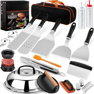 Blackstone 27pcs Griddle Accessories Kit with Flat Top Grill Tools, Spatula, Basting Cover & Patty Maker for Camp Chef, Hibachi, and Teppanyaki Round Set