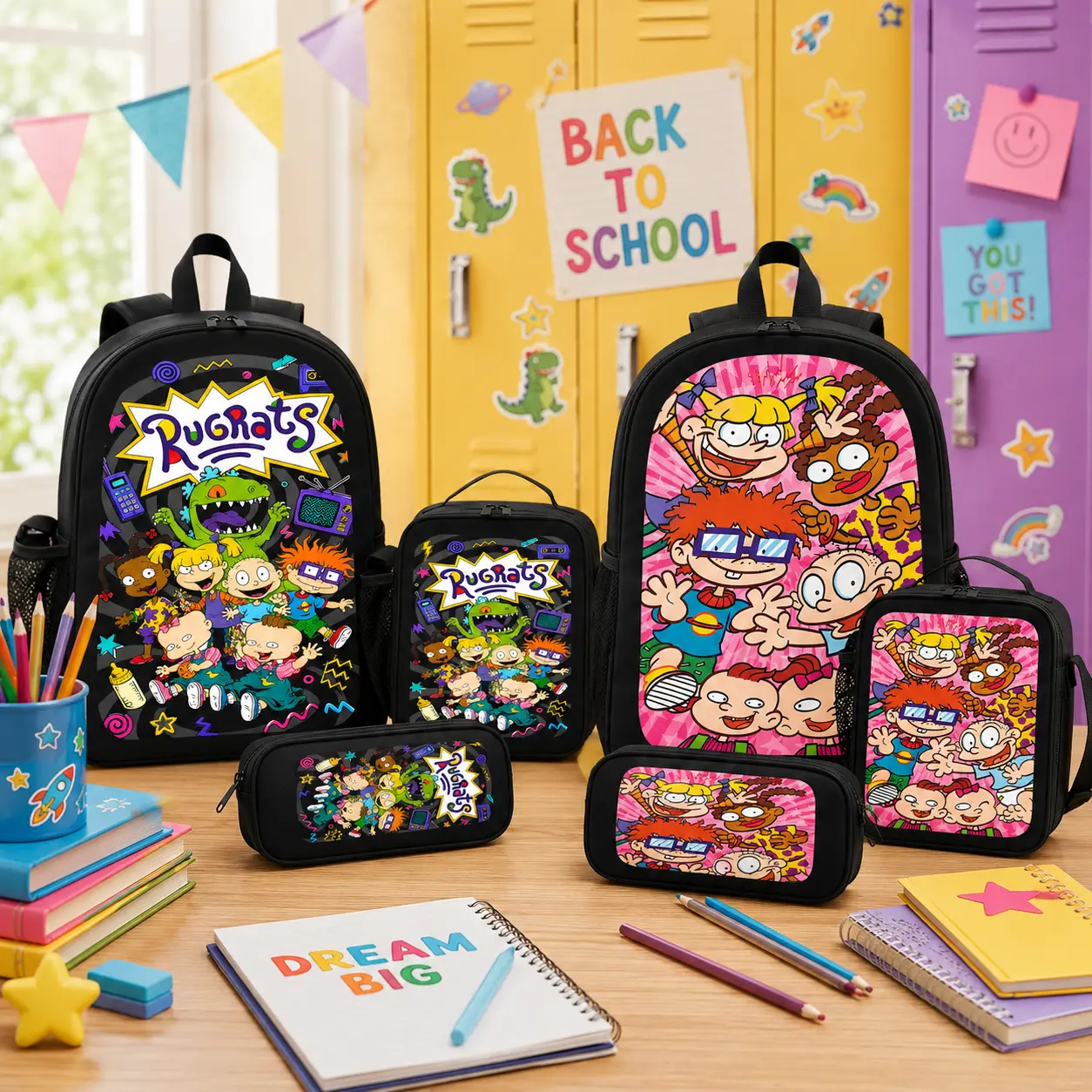 Unisex Rugrats 3-Piece Student Class Backpack Set - Child Size, 90s Cartoon Graphics, Lunch Box, Pencil Case, Multiple Pockets, Lightweight, Back to School Hauls, Colorful Character Design, Birthday Gift