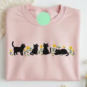 Cute Floral Black Cat Embroidered Sweatshirt, Four Cats with Flower Crewneck, Kitten Hoodie, Cottagecore Cat Mom Shirt, Floral Kitten Tee