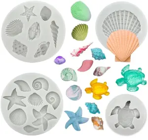 4 count Marine Theme Cake Fondant  Mold Seashell Conch Starfish Sea Turtle Baking Molds for  Cake Decoration Candy Polymer Clay DIY Crafting Projects