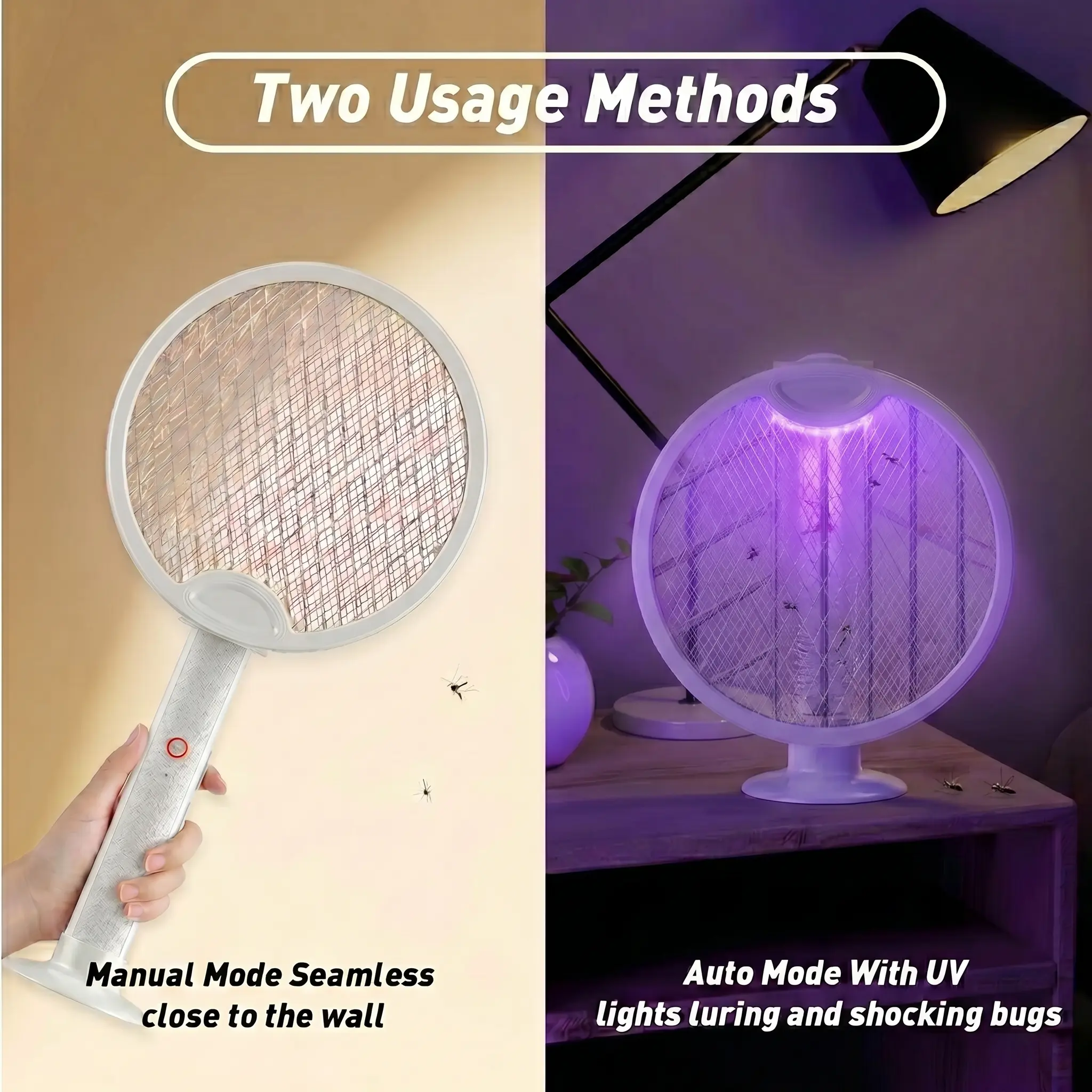 Foldable Electric Fly Swatter Racket 3000V, USB Rechargeable Bug Zapper with Purple Attractant Light, 1200mAh Portable Handheld Mosquito Killer - Kills Mosquitoes, Flies, Gnats, Wasps, Fruit Flies for Indoor Home, Backyard, Patio, Camping