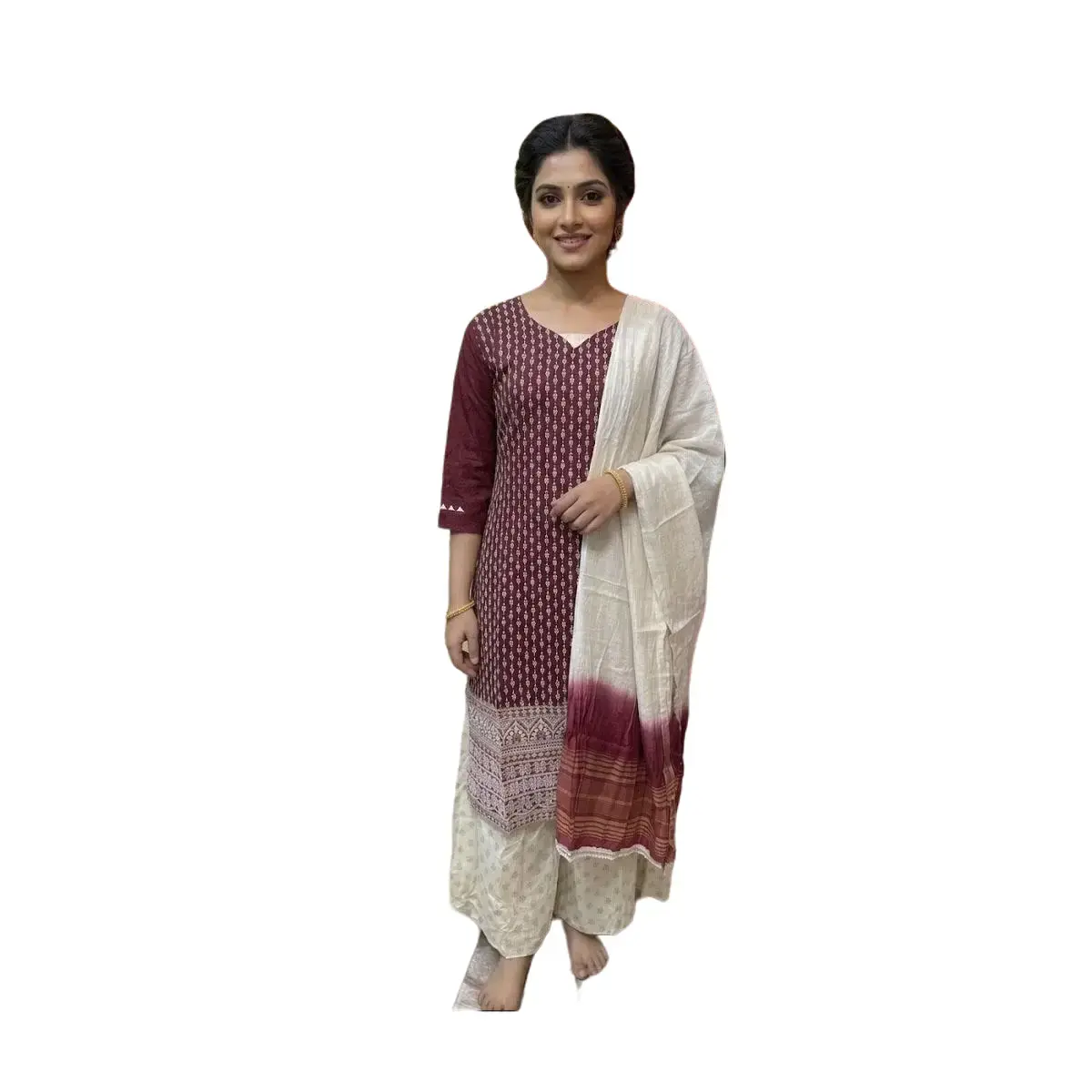 #3PS-30 Maroon Printed Kurta Set with Ivory Palazzo & Dip‑Dye Dupatta (3‑Piece)