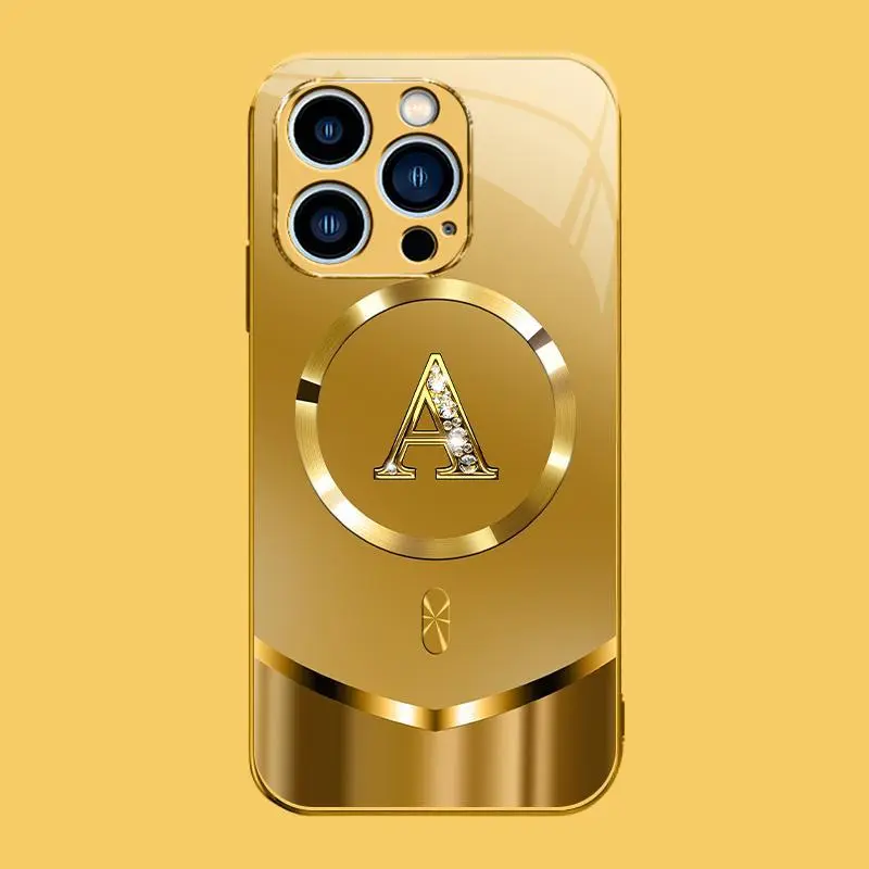 Suitable for [iPhone 15 Pro Max] high-end MagSafe phone case🥰，Luxury Gold 26 Initial phone Case Bling Monogram 952