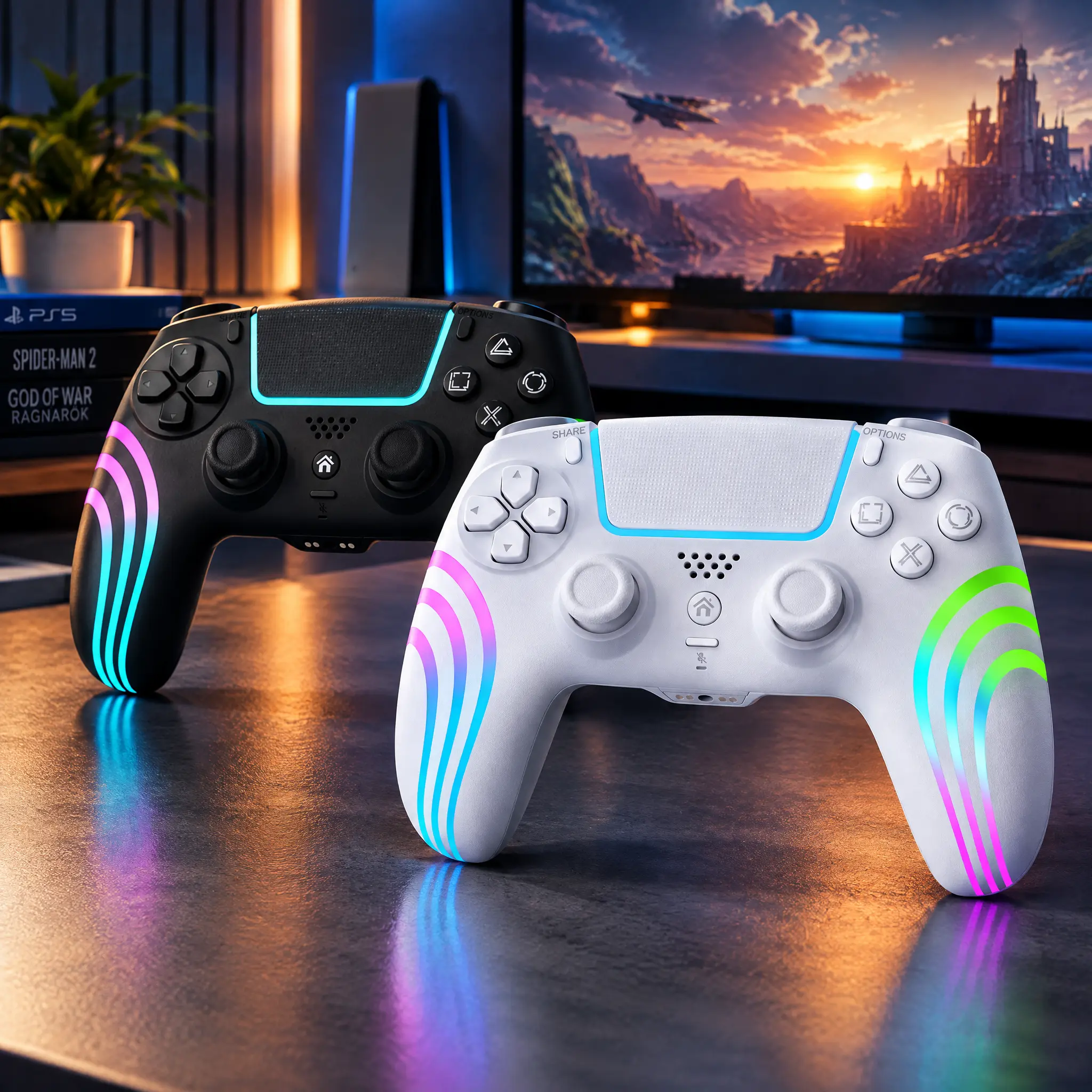Olevo PS5 professional anti-drift wireless controller, 1000mAh fast charging PS5 accessory, featuring dual vibration, gesture control, customizable macro buttons, turbo function, touchpad, and Bluetooth 5.0