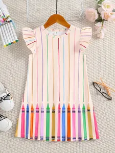 Girls' Casual Cartoon Print Dress, Slim-Fitting Knit Round Neck Skirt, Summer Fashion Colorful Pencil Sketch Design, Kids' Cute, Knitted Dress