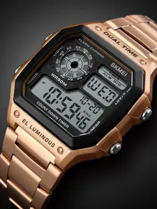Vintage Quartz Watch, Rose Gold Brushed Square Case, Three-Screen Multi-Time Zone, Waterproof Steel Band, Unique Fashion Watch, Digital Quartz Watch, Digital Analog Watch