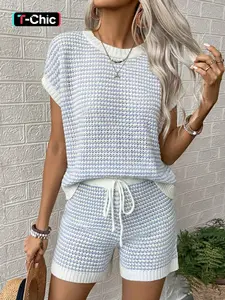 Women's Solid Ribbed Knit Sweater & Elastic Waist Shorts Two-Piece Set, Casual Fashion Cozy Knitwear Set for Daily Outdoor Wear, Ladies Clothes for Spring & Summer, Suits, Cute Summer Outfit, Striped Knit Sets
