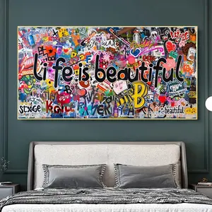 1pc Unframed Street Fashion Graffiti Art Poster Print Artwork Life is Beautiful Text Oil Painting Modern Wall Art Living Room Home Decoration Cuadros