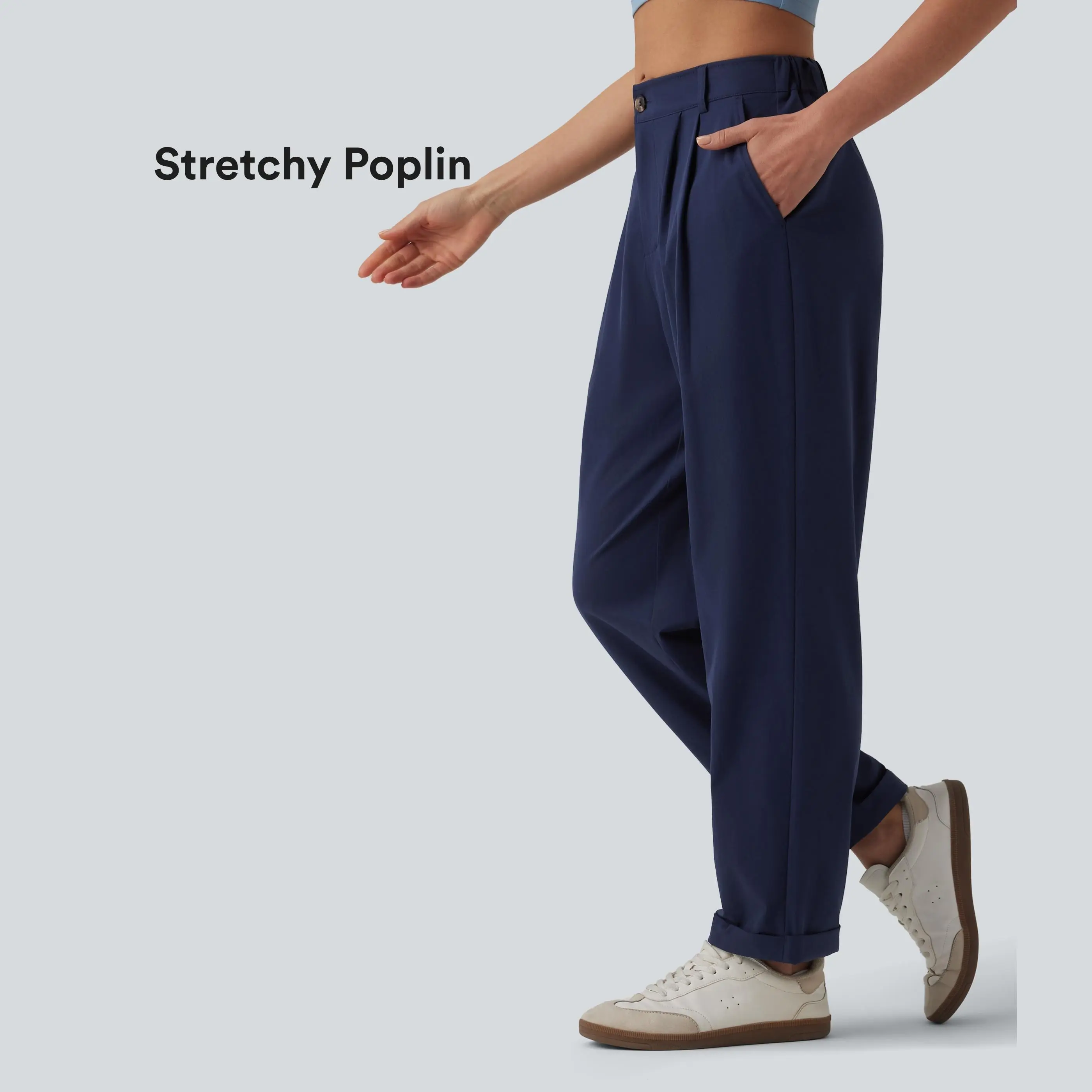 【Creator’s Pick】Halara Mid Rise Pleated Rolled Hem 7/8 Stretchy Poplin Casual Tapered Pants with Pockets