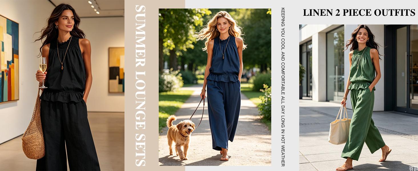 Molitree Women's Linen 2 Piece Outfits Sleeveless Ruffle Top Wide Leg Pants Summer Loungewear Beach Travel Sets