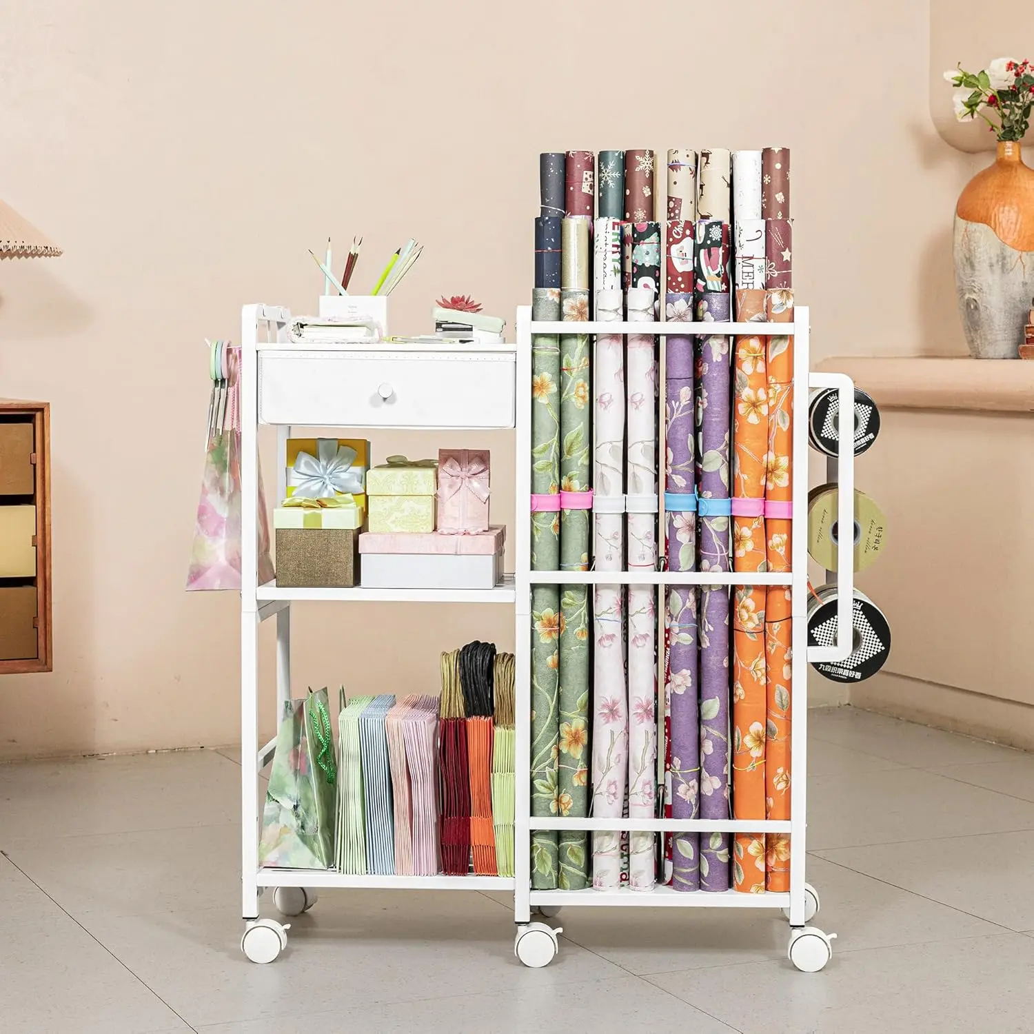 Aquzee Gift Wrapping Paper Storage, Rolling Gift Wrap Station, 9 Adjustable Rod Design, Vertical Wrapping Paper Storage Cart, Ribbon Organizers and Gift Bag Storage, 12 PCS Slap Bands, White