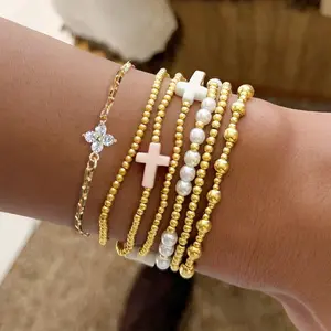 7PCS Boho Gold Beaded Stackable Bracelets Set for Women - Dainty Cross & Pearl & CZ Crystal Charm Bracelets, Waterproof Metal Jewelry, Trendy Layered Bracelets for Everyday Wear, Beach Vacation & Bridal Gift, Christian Faith Jewelry