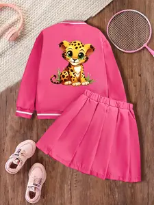 Adorable Cartoon Leopard Print Baseball Jacket Set for Girls, Casual Long Sleeve Pleated Skirt, Spring & Fall, 2 Piece Set, Casual Fashion Set