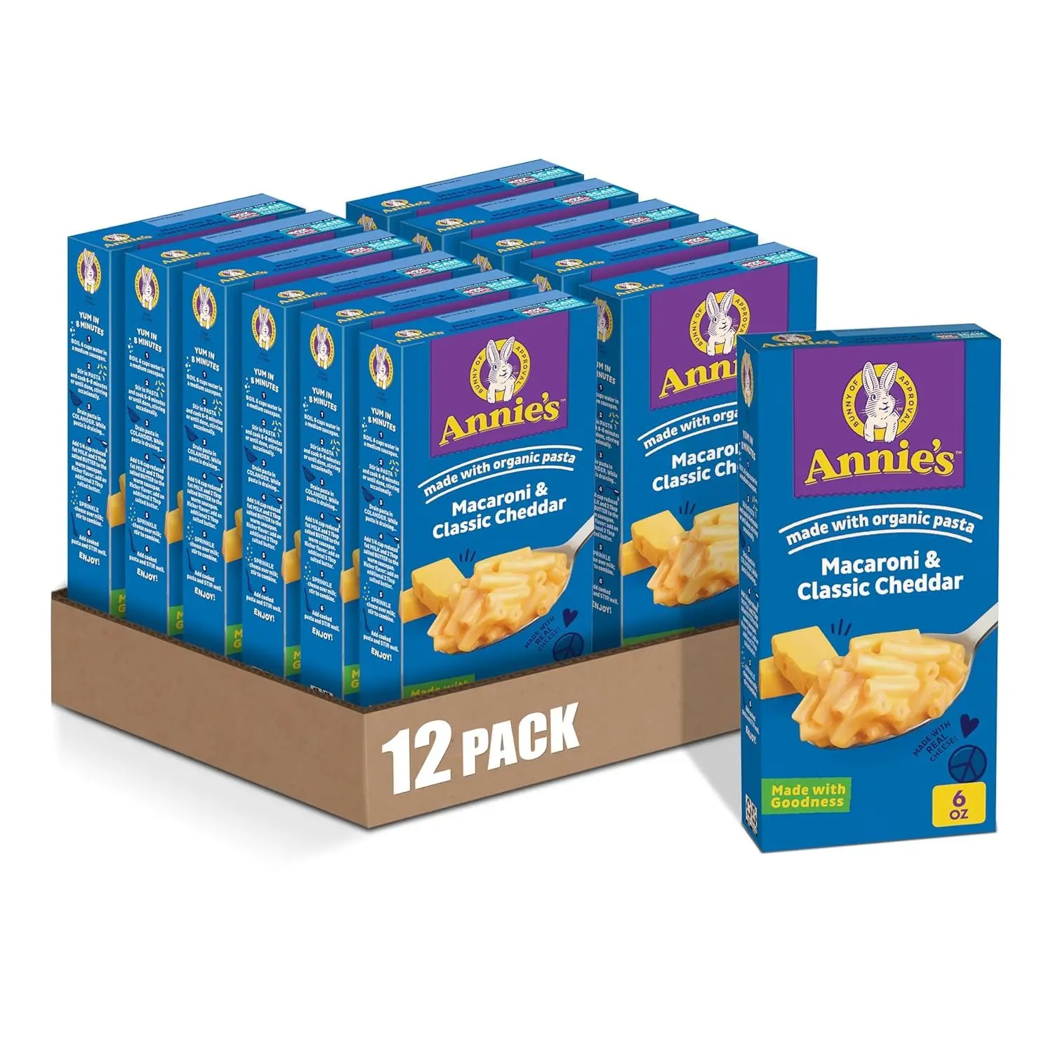 Annie's Macaroni and Classic Cheddar with Organic Pasta, Made with Real Cheese, Dinner Side or Snack, 6 oz (Pack of 12)
