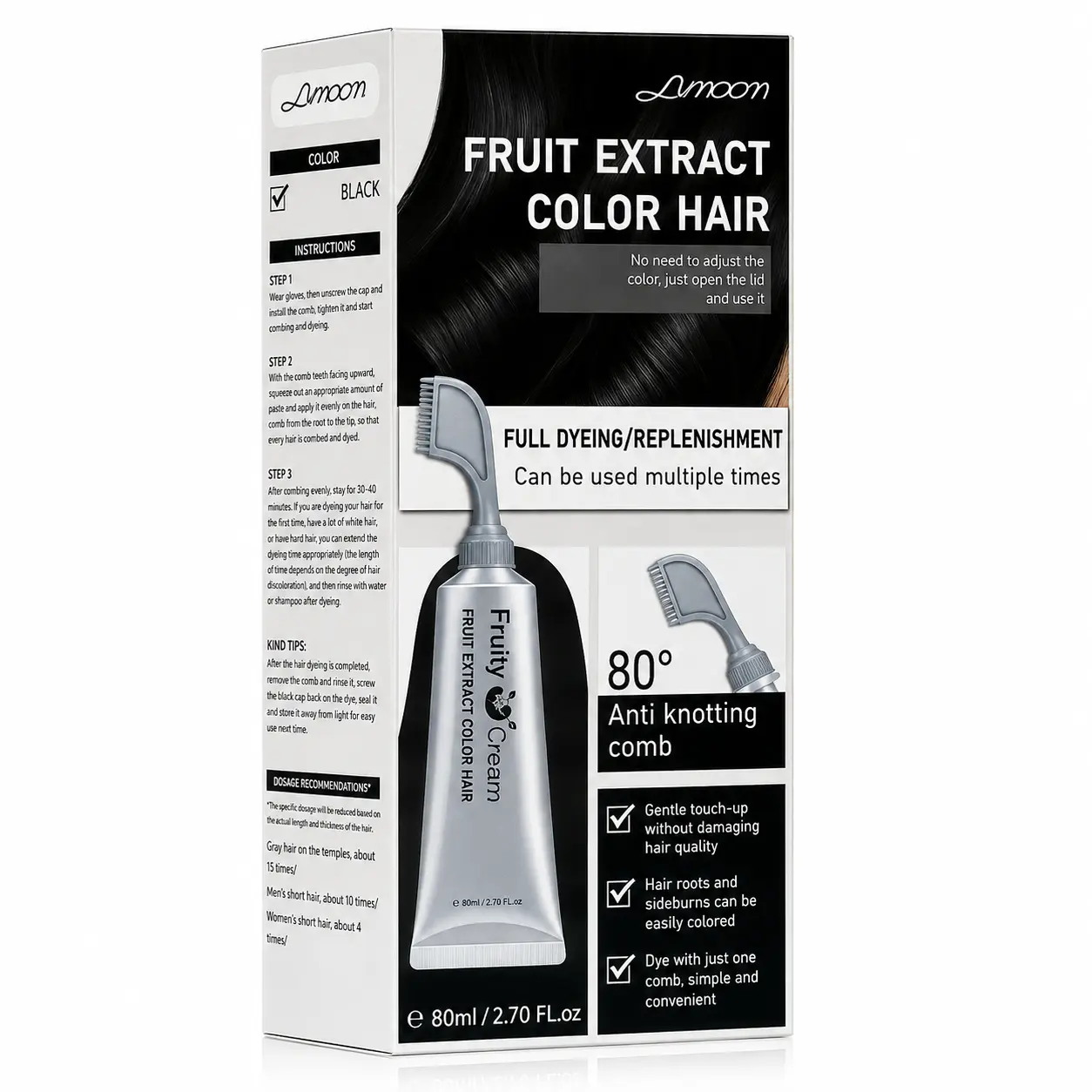 Hair Color Cream with Comb Applicator, Gray Coverage & Root Touch-Up, Easy At-Home Hair Coloring, Black/Brown Black, 2.70 fl oz