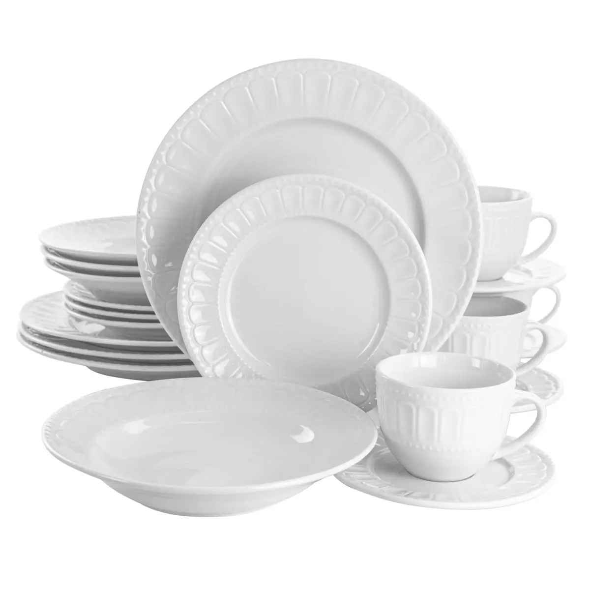 Elama Charlotte Porcelain Tableware Set - 20-Piece White Dinnerware with Dinner Plates and Dot Design