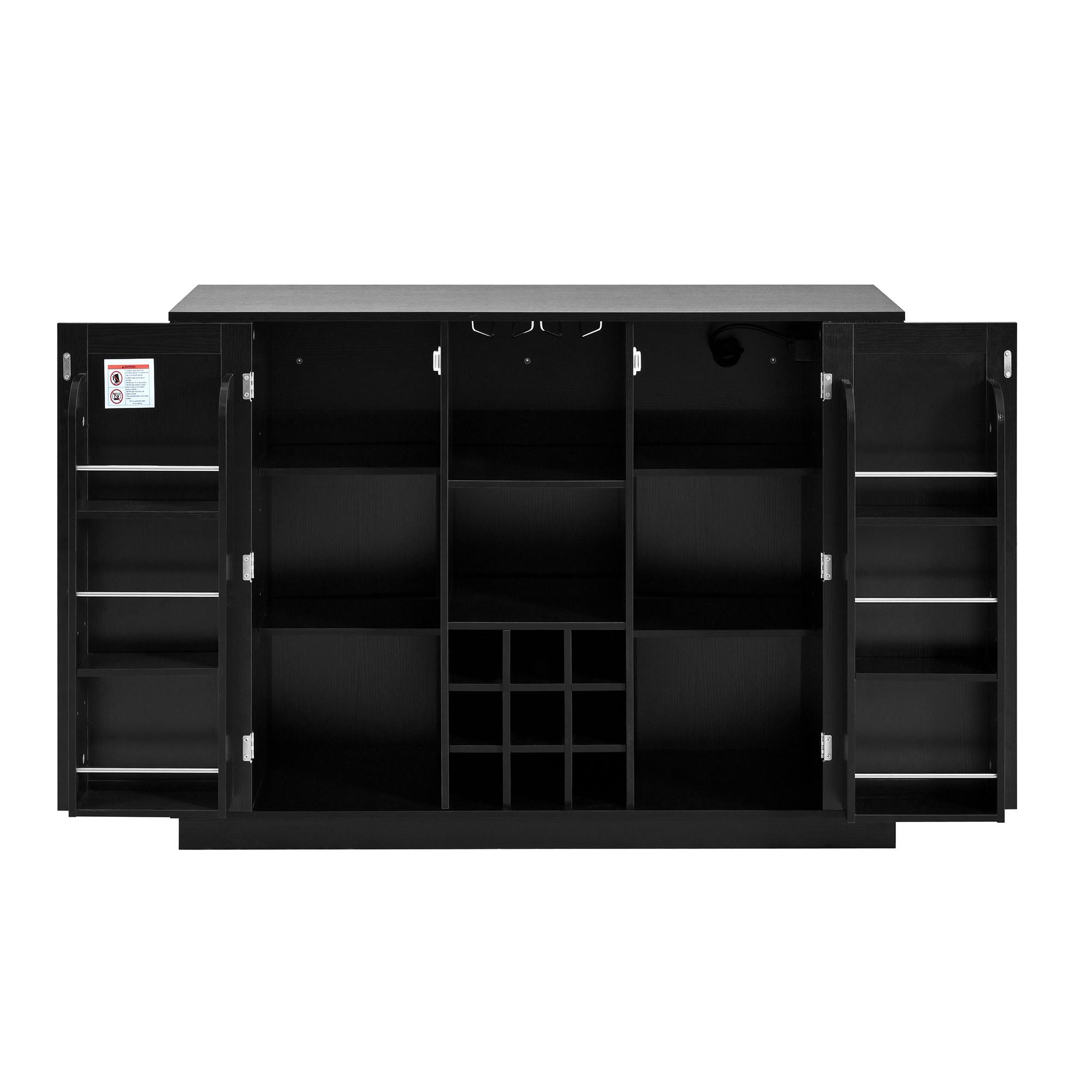 47.2" Multi-functional Extendable Kitchen Island with Drop Leaf, Built-in Power Outlet, Home Coffee Bar Wine Cabinet with Bottle Rack & Glass Holder, 2-Door Buffet Sideboard with Open Side Storage Shelves, Water-resistant Easy Clean MDF, Space Saving