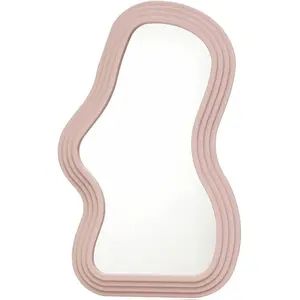 Asymmetrical Wall-Mounted Mirror, Creative Unique Decorative Mirrors, Funky Wavy Mirror 15.94"x10.24" Irregular Border Pink Mirror for Bathroom Living Room Decoration