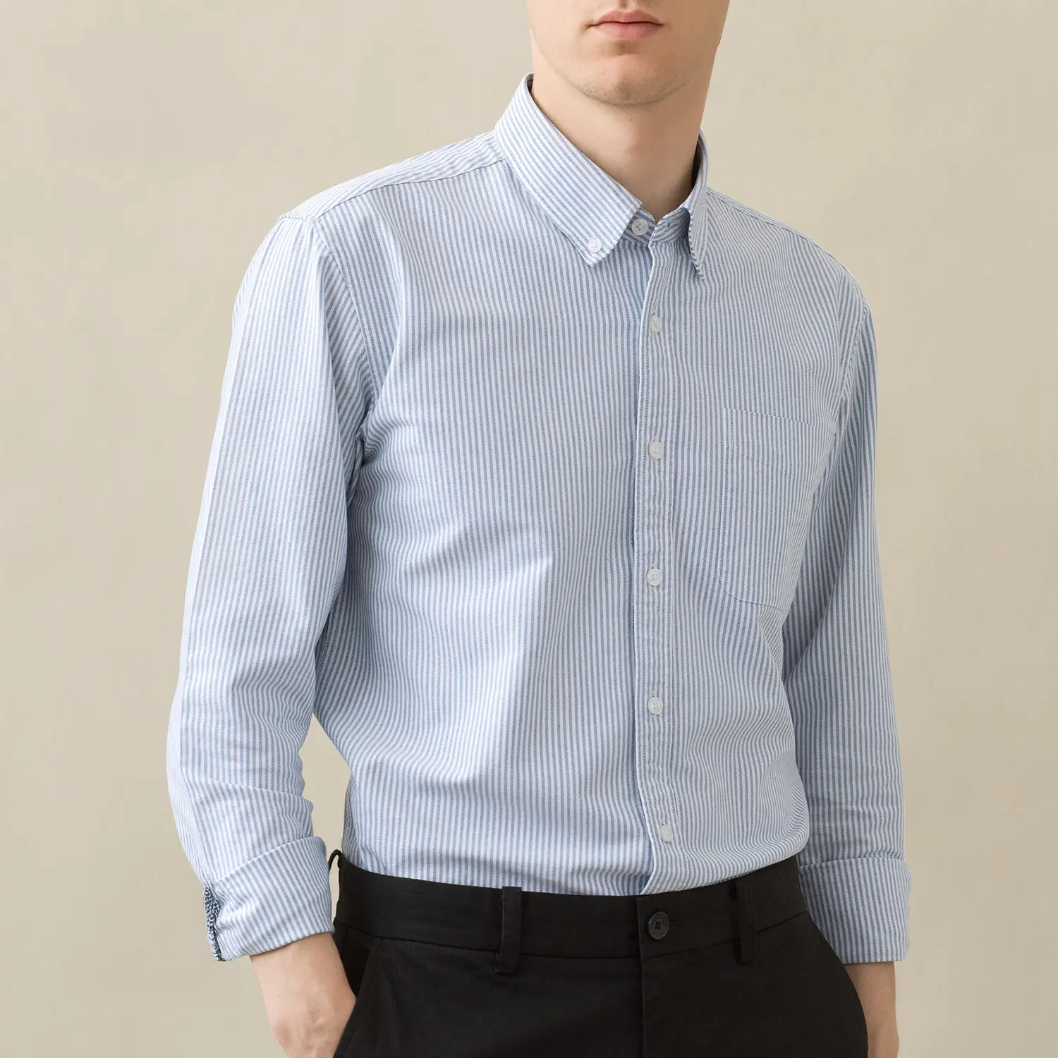 Men's 100% Combed Cotton Striped Oxford Shirt - Long Sleeve, Button-Down Collar, Classic Fit, Pocket, Soft Fabric, Fade-Shrink Resistant, Textured Woven Fabric, Basic Style, Premium Business Casual Autumn Top, Work Fashion, Mens Clothing, Button Front, Fi