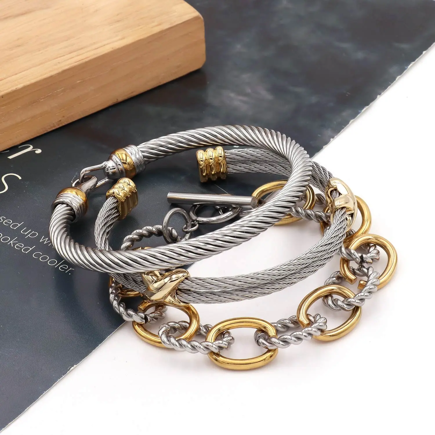 3pcs Together  Stainless Steel Open Cable Wire Hook  Women Inspired Jewelry Ladies  Cuff Bangle Bracelet Set