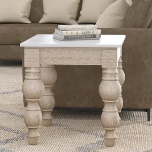 White Washed Classic Traditional Mango Wood/Marble Indoor Square Side Table