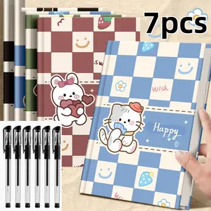 7-Piece Set Spiral Notebook & 6 Pens, Cute Animal Cover, A5 Size, 80 Thick Cream Paper, Lined Journal for Students, Office, School Supplies
