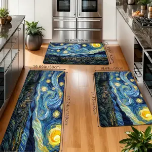 Starry Night Kitchen Rug Set, Art Post-Impressionist Non-Slip Washable Floor Mats, Aesthetic Artwork Runner Rugs for Kitchen, Living Room & Home Decor