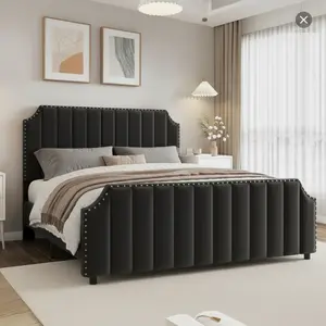 SA-Garvee Queen Bed Frame, 50.2" Velvet Bed Frame with Vertical Channel Tufted Headboard & Footboard, Wooden Slat Support, Nailhead Trim Design, Box Spring Needed, Black Bed Frame
