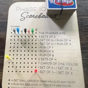 Wooden Phase 10 Scoreboard Set with 8 Colorful Pins, Wooden Board Game, Tabletop Games, Fun Table Card Games Accessories, Perfect for Party Family Game Night