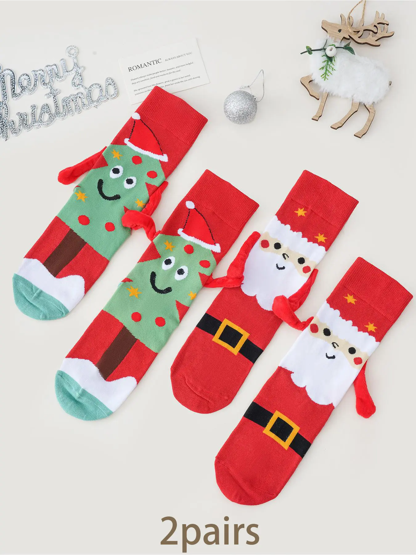2 pairs Cartoon Santa Claus and Christmas Tree Holding Hands Sock Set   Adorable, Comfortable, and Warm Knit Socks   Perfect for Women's Winter Daily Wear, Parties, and Festive Occasions
