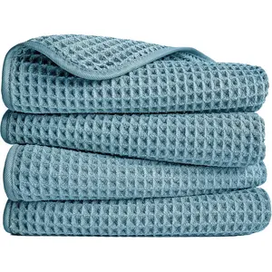 Microfiber Lint Free Hand Towel, 16 x 30 in, 4 Pack (Green, Waffle Weave)