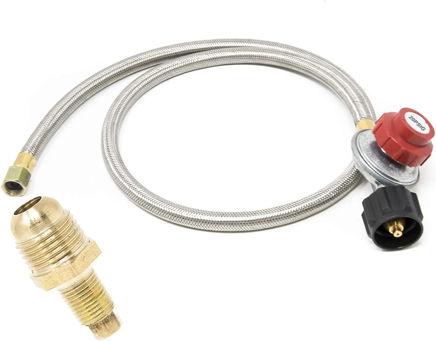 GasOne 2113+50105 4 ft Regulator and Propane Brass Orifice, Steel Braided Hose, Outdoor Cooking GasOne 2113+50105 4 ft Regulator and Propane Brass Orifice, Steel Braided Hose, Outdoor Cooking