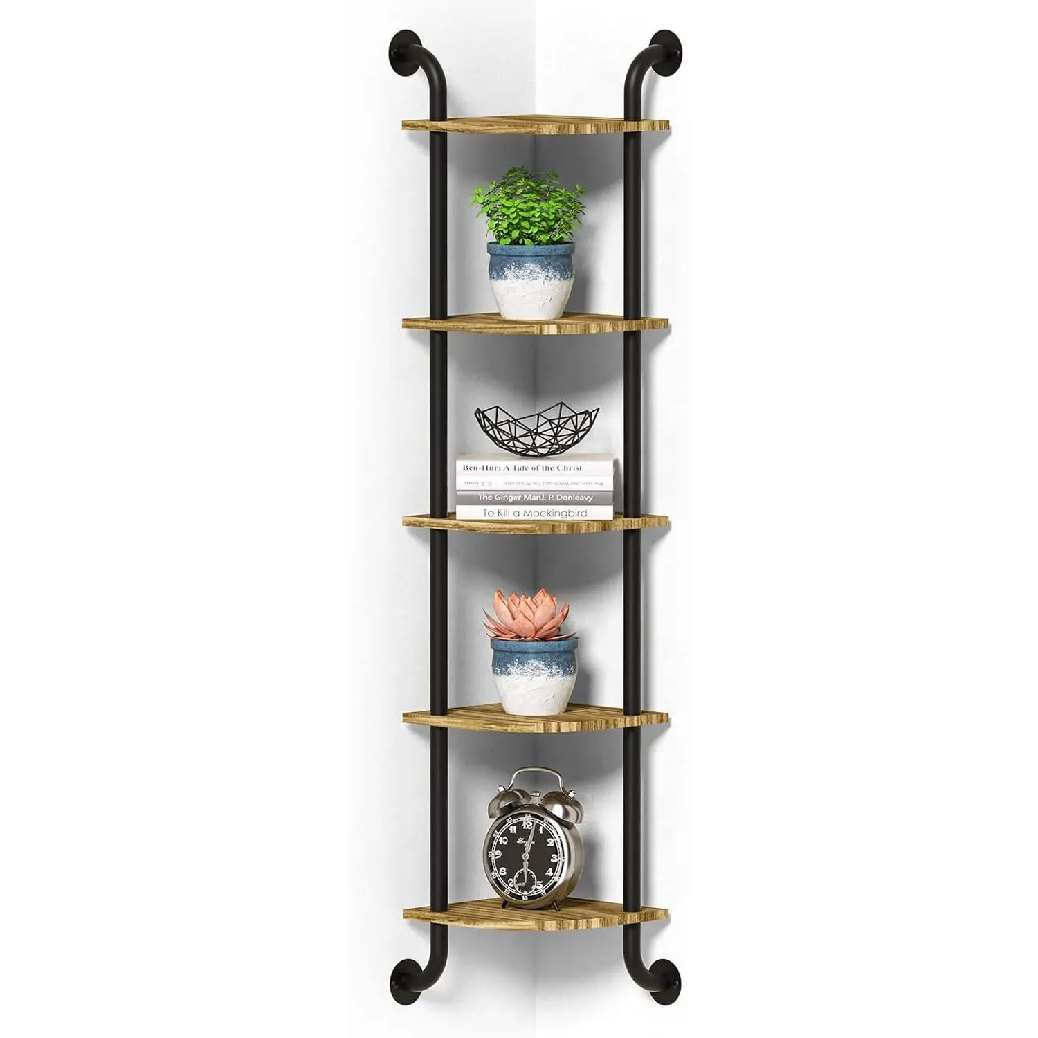 Corner Shelf Wall Mount 5-Tier, Wall Decor for  Living Room Bedroom, Wall Corner Shelves Bookshelf, Rustic Industrial Pipe Shelves, Brown