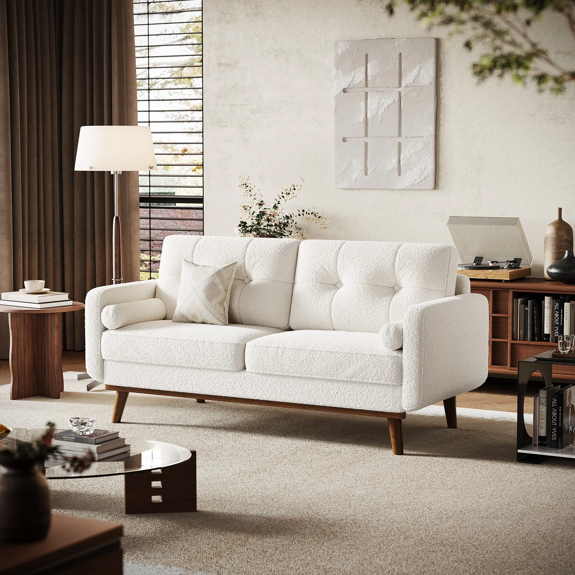 65" Mid Century Modern Loveseat, Soft Boucle Linen 2-Seater Couch, Cozy Deep Seat Design, Stylish Space-Saving Sofa for Living Room Bedroom