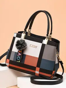 Colorblock Check Pattern Letter Label Zipper Handbag, with Pom Pom Decor Charm & Adjustable Shoulder Strap, Luxury Designer Handbags Trendy & Versatile Pu Leather Texture Bag, Valentine's Day Gifts