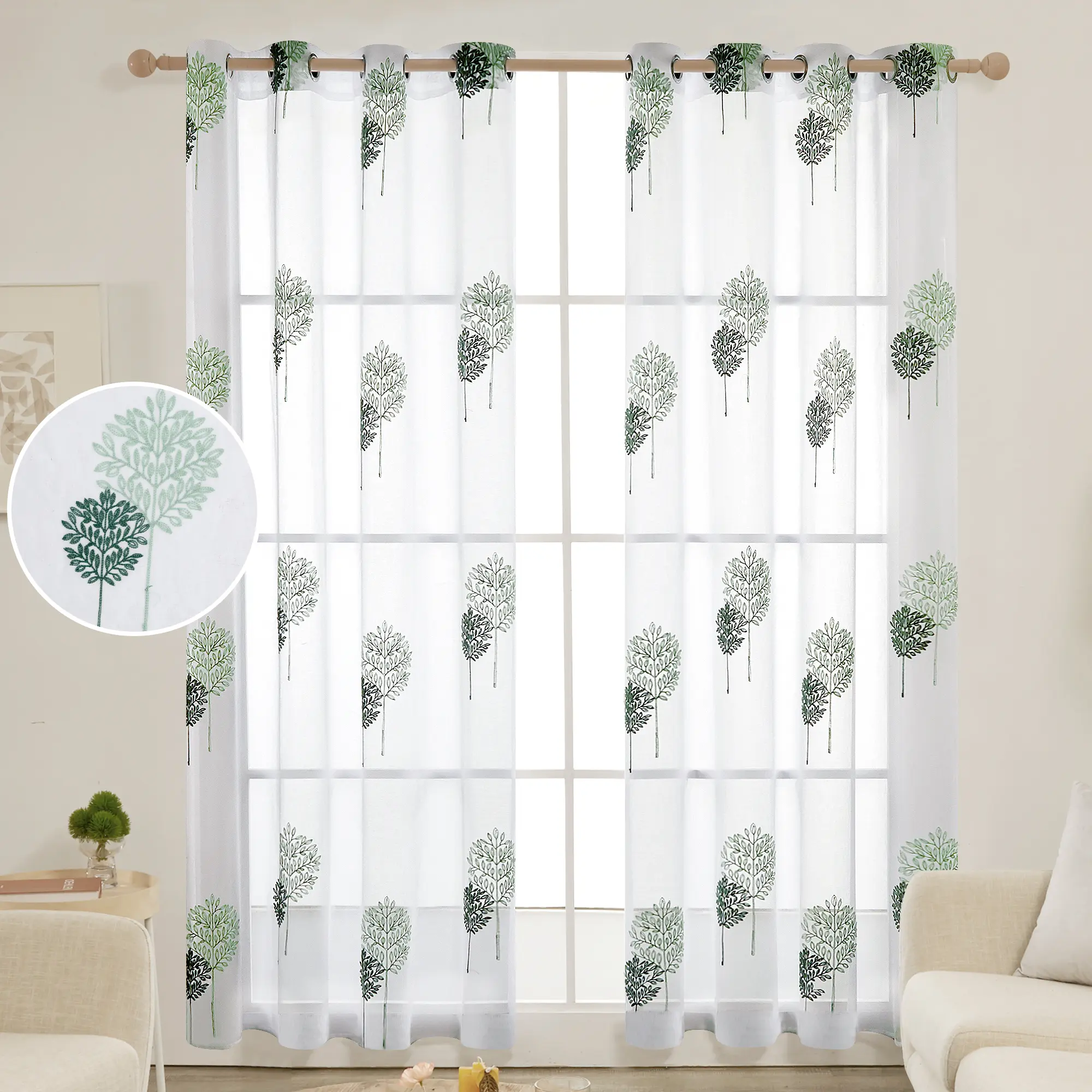 Deconovo Embroidered Sheer Curtains with Layered Tree Pattern, White Grommet Window Drapes for Bedroom and Living Room