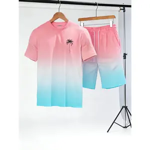 OFF-SEASON SALE Men's 2-piece Casual Sportswear Set Hawaiian Style Gradient Design Crew Neck T-shirt & Elastic Waist Shorts for Summer Outdoor Activities