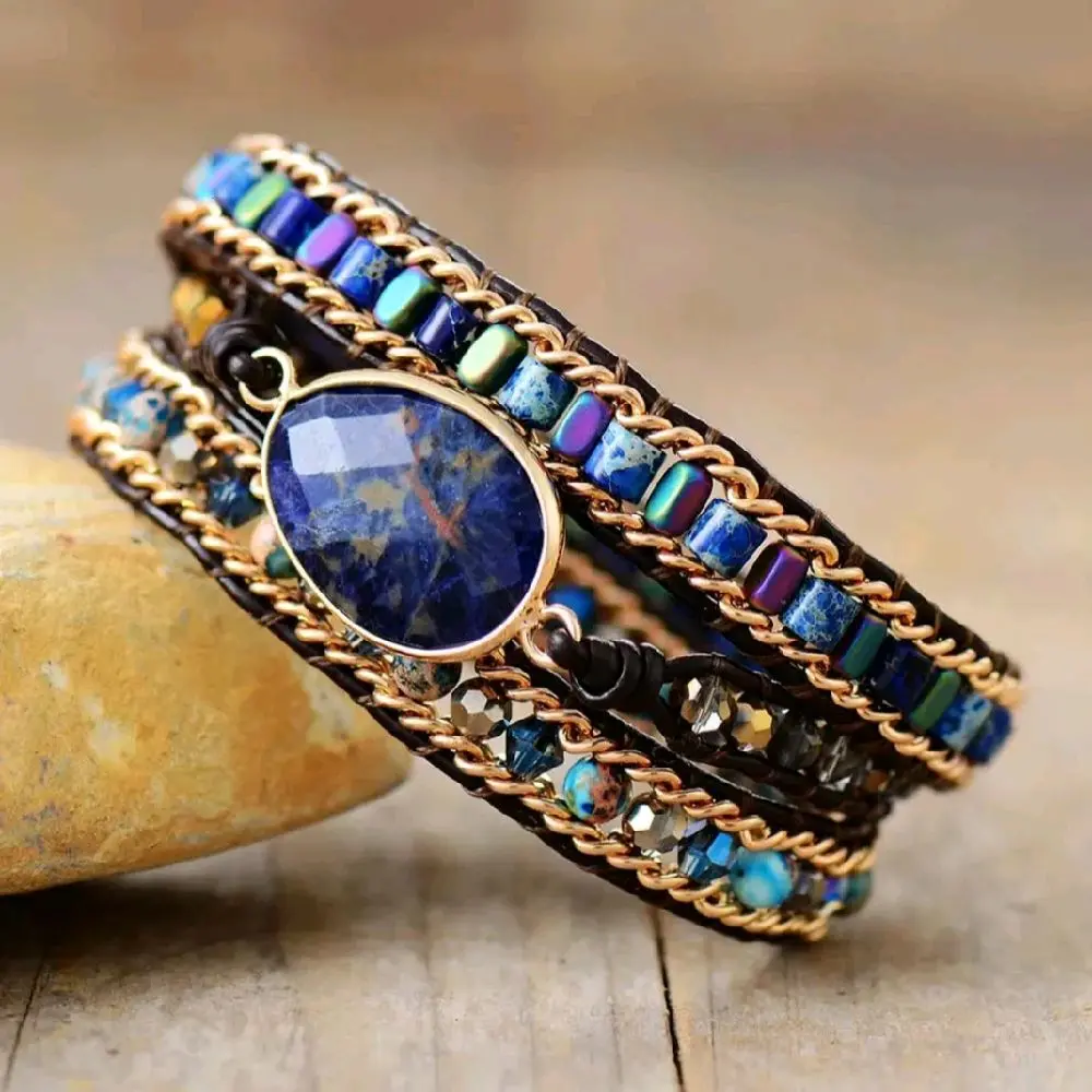 Natural Lapis Lazuli Oval Crystal Healing Stone Leather Wrap Bracelet