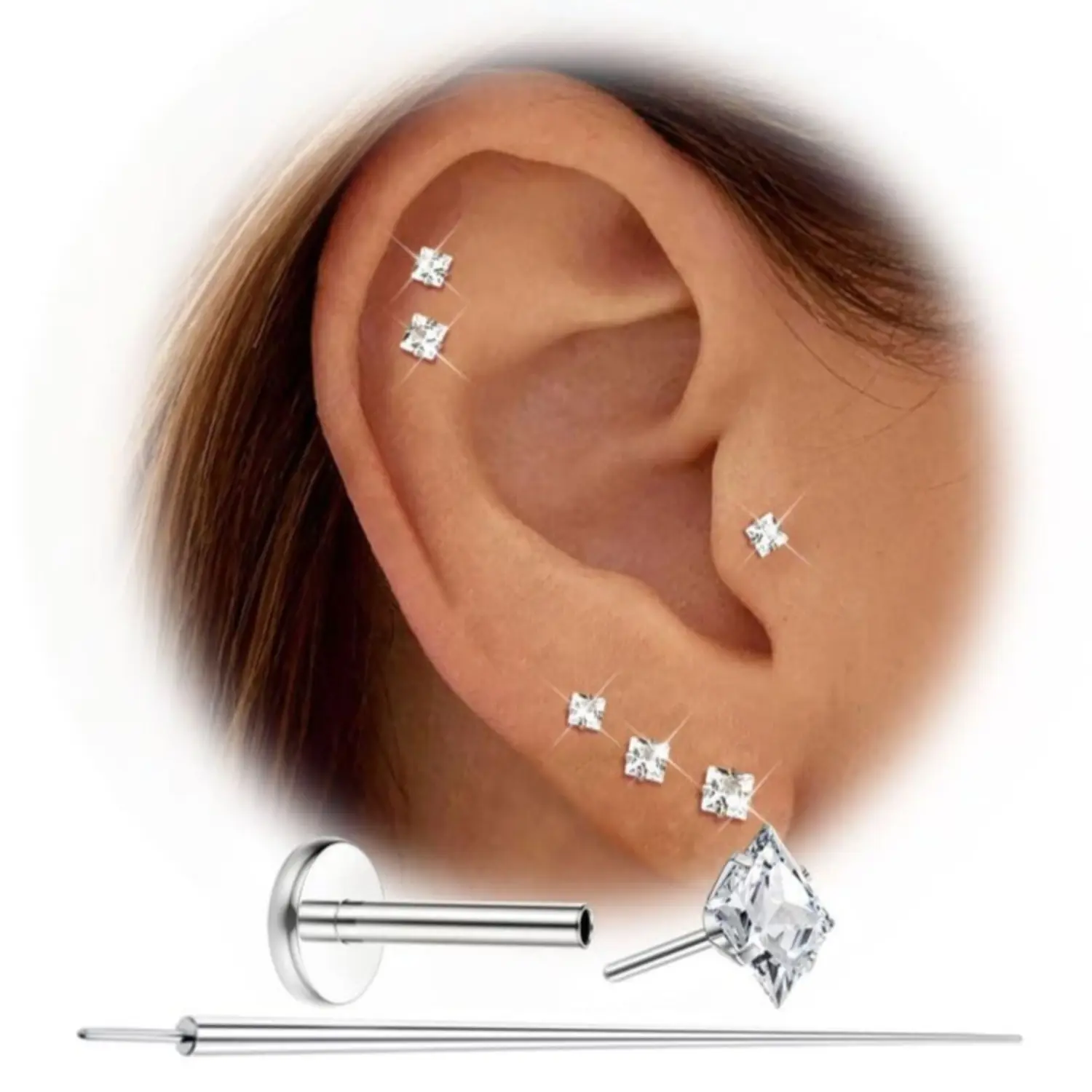 FIASASO 20G Unisex Threadless Flatback Stud Earrings, Hypoallergenic 316L Surgical Steel, 14K Plated Gold Push-In Nosering Studs for Tragus, Helix Piercings