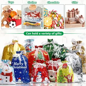 Christmas Bags 30Pcs Christmas Drawstring Gift Bags Assorted Sizes Large Medium Small Wrapping Bags 12 Design Goody Bags for Presents with Tags Xmas Gift Bags for Party