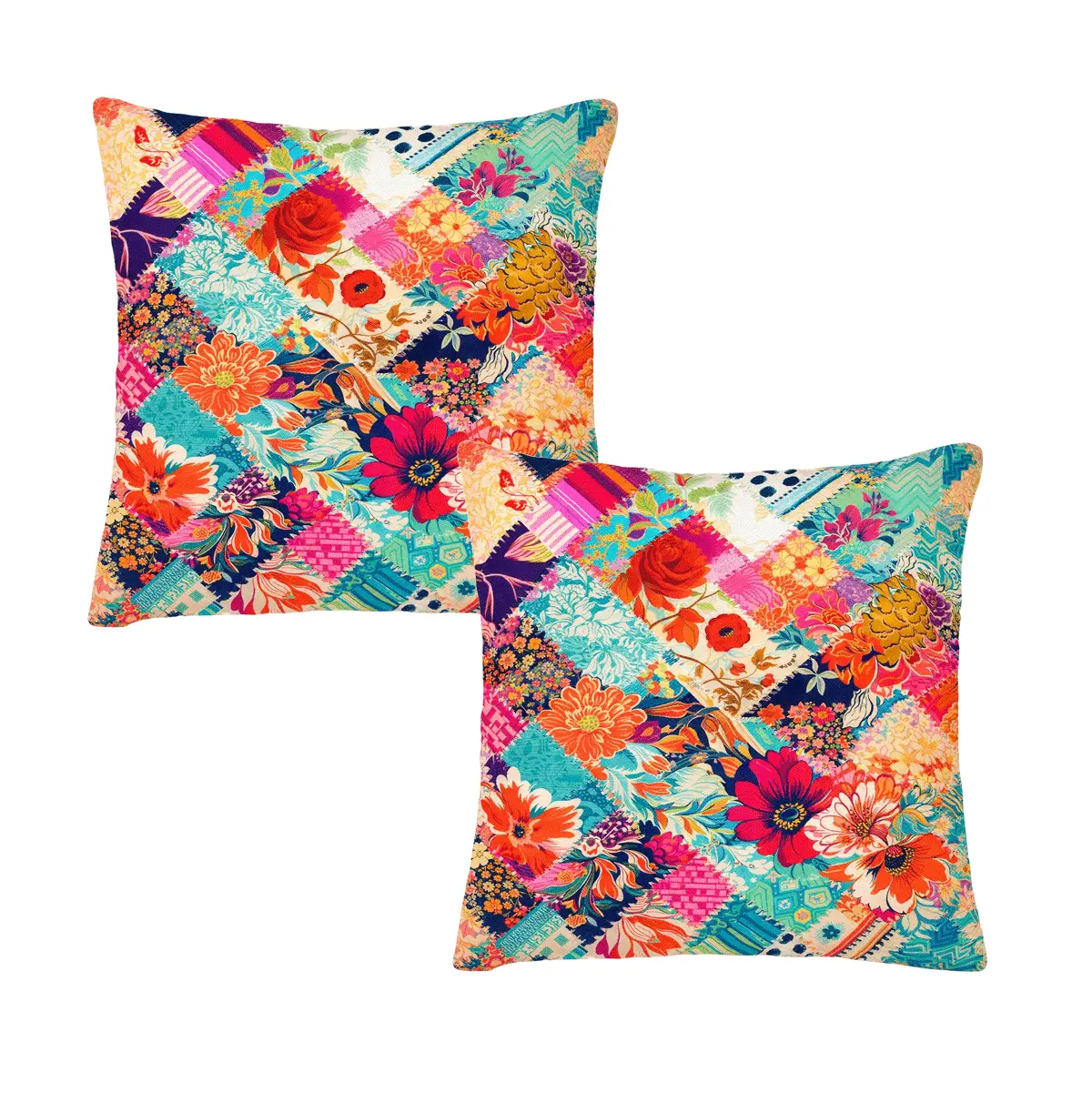 Set of 2 Throw Pillows (with Inserts) Patchwork Flower Art Design 18"x18" DZ323