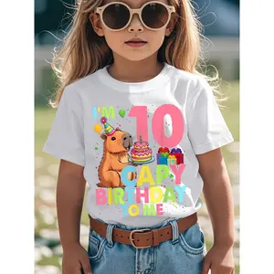Girls' 10th Birthday Capybara Graphic T-Shirt - Cute Capy "I'm 10" Party Outfit with Balloons & Cake Design - Soft Round Neck Casual Top for 10 Year Old Girls, Spring Summer Birthday Party Clothes