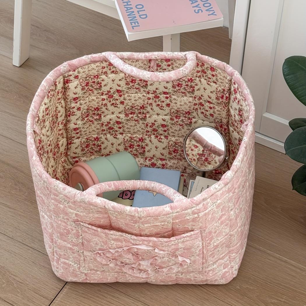 Floral patchwork ruffle storage basket, large-capacity fabric tote organizer, laundry hamper, available in multiple colors