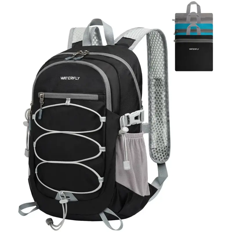 WATERFLY 15L Nylon Foldable Adventure Carry On Backpack - Ergonomic, Lightweight Waterproof, Multifunctional Casual Daypack with Breathable Adjustable Straps, Bottle-Hold Mesh, Compact Pouch for Outdoor Hiking (Unisex)