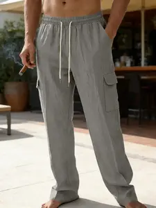 Men's casual linen work pants, with elastic drawstring waist design, loose fit, side pockets, breathable summer beach pants, suitable for vacation, casual and daily wear, outdoor sports pants