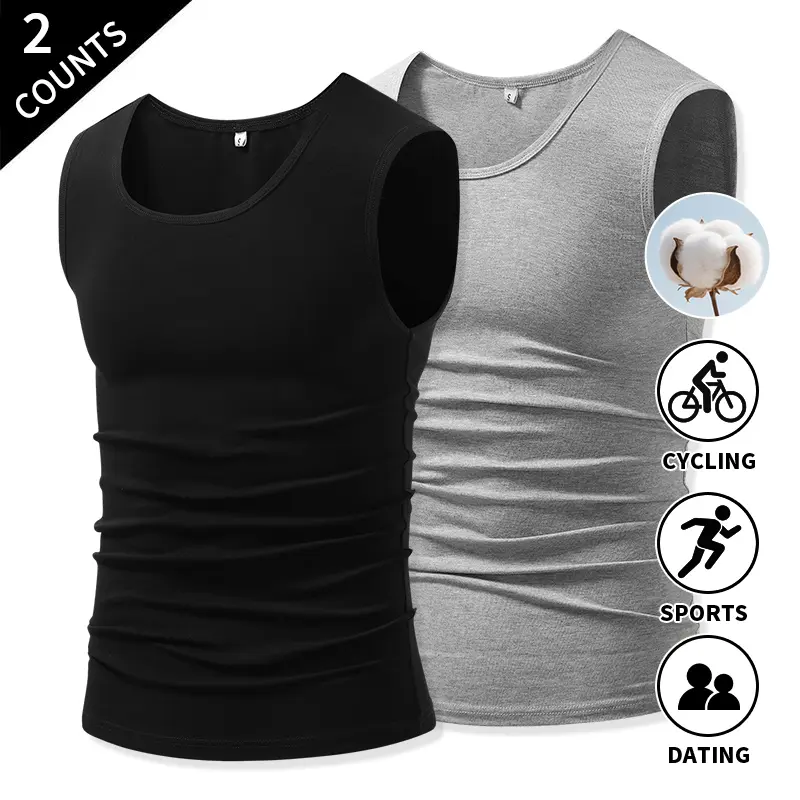 Summer Vibes 2-Pack Men’s Cotton Sleeveless Tank Tops, Slim Fit, Crew Neck, Breathable Athletic Shirts for Gym, Workouts, Running, Cycling, and Everyday Casual Wear, Basic Layering Undershirts