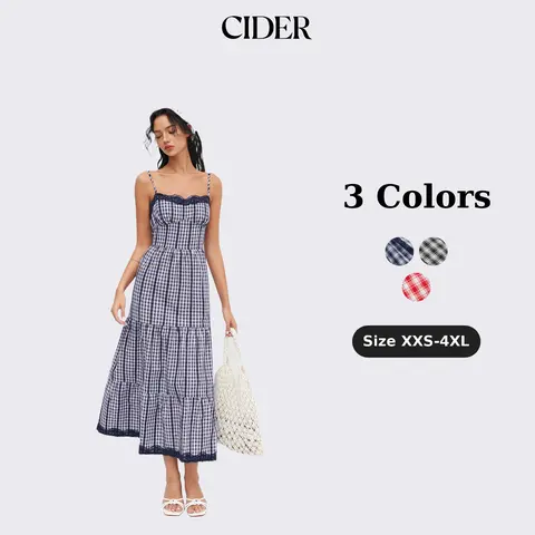 Cider Women's Chic Cotton-Blend Gingham Lace Trim Tiered Shirred Sleeveless Spaghetti Strap A-Line Long Dress for Daily Casual & Vacation Wear