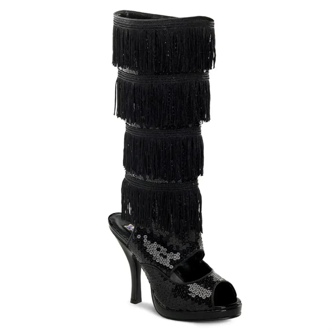 Funtasma Flapper-168 Women's Open-Toe Fringe Knee Boot Black